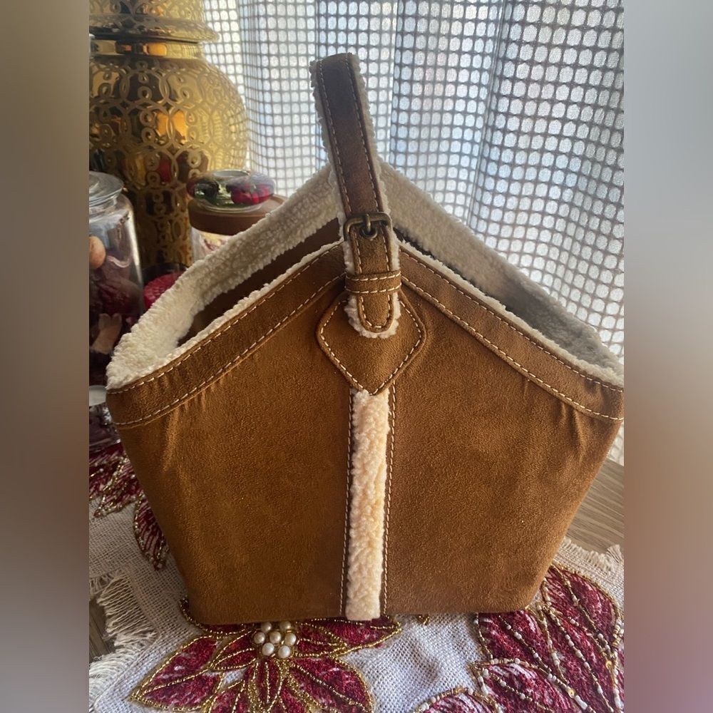 Bath & Body Works Brown Lined Tote Bucket Basket Faux Suede Sherpa Organizer